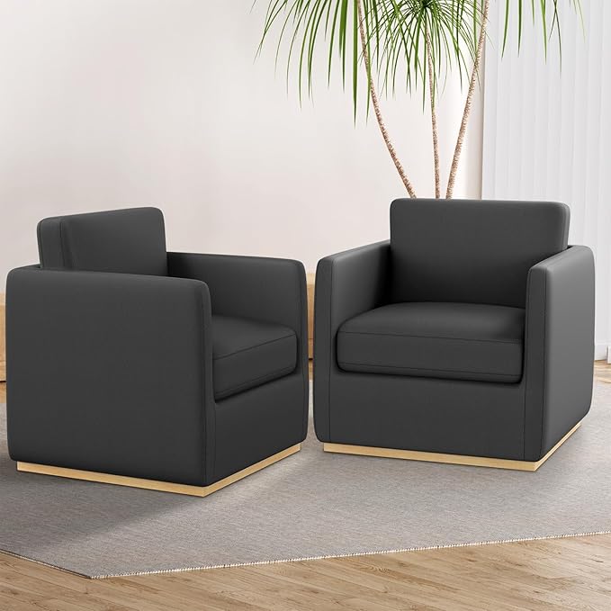 Sunny Heart Swivel Accent Chair Velvet Swivel Barrel ChairClub Chair with Wood Base Modern Upholstered Armchair Cozy Chairs for Living Room Bedroom Reading Leather-Black