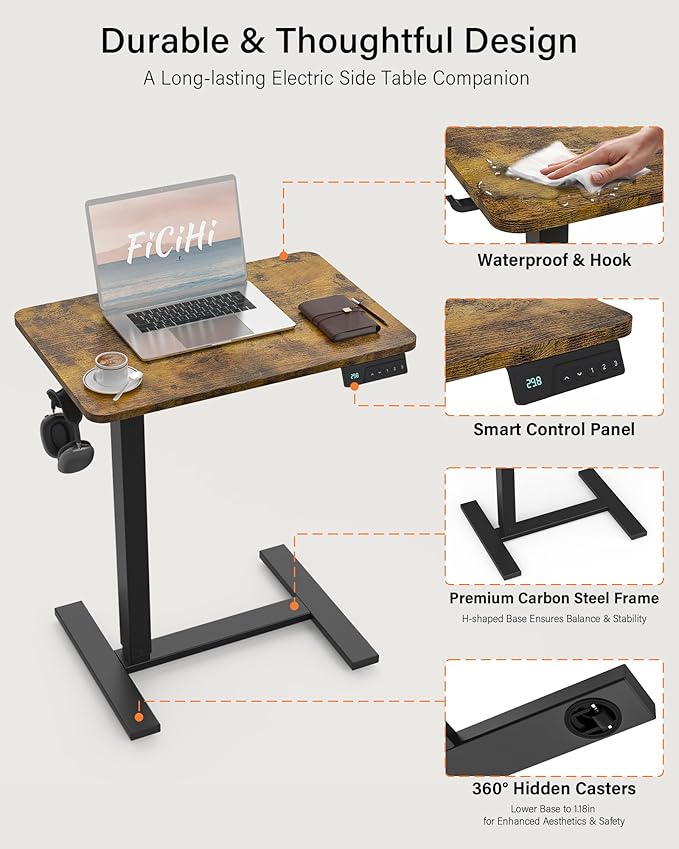 FiCiHi Electric Standing Desk with Wheels – Adjustable Height Mobile Sit-Stand Laptop Table Portable Rolling Small Computer Workstation for Home Office &amp Bedside Use (28x16 Rustic Brown)