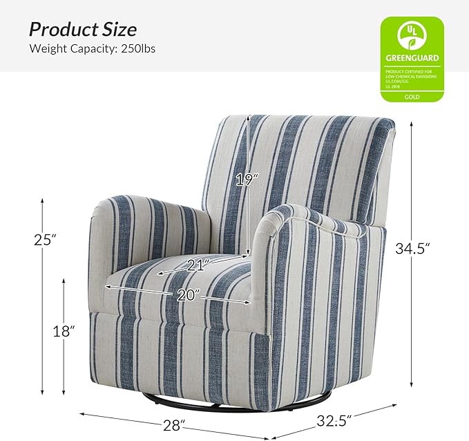 HULALA HOME Swivel Accent Chairs Set of 2 with Stripe Pattern Farmhouse Fabric Upholstered Armchairs with Metal Base 360° Swivel Traditional Sofa Chairs for Living Room Bedroom Blue