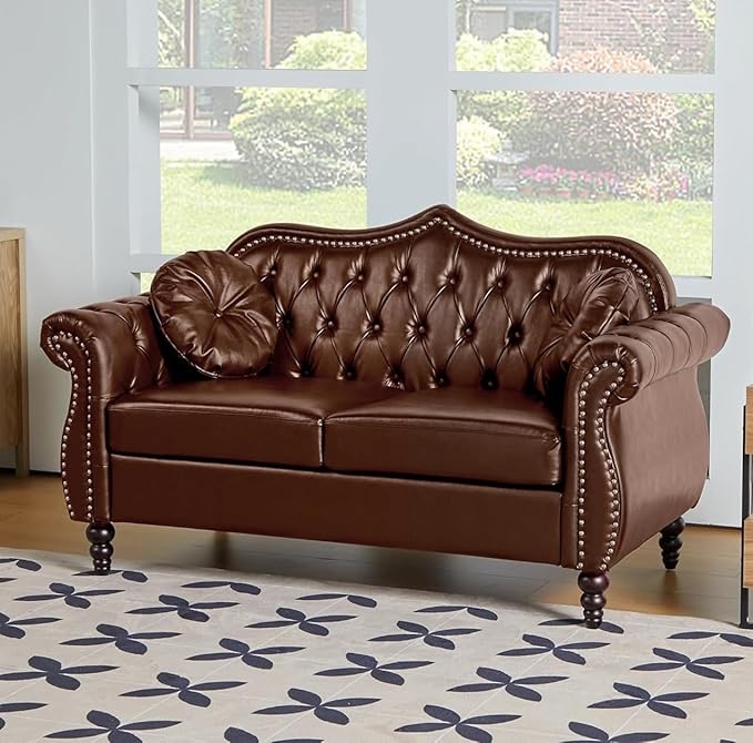 AVZEAR 60 Loveseat Sofa Chesterfield Sofa Mid-Century Modern PU Upholstered 2 Seater Sofa Deep Button Tufted Living Room Sofa with Two Throw Pillows Brown