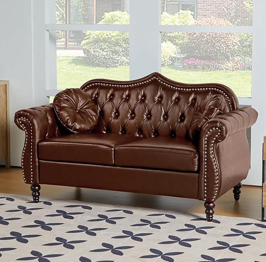 AVZEAR 60 Loveseat Sofa Chesterfield Sofa Mid-Century Modern PU Upholstered 2 Seater Sofa Deep Button Tufted Living Room Sofa with Two Throw Pillows Brown