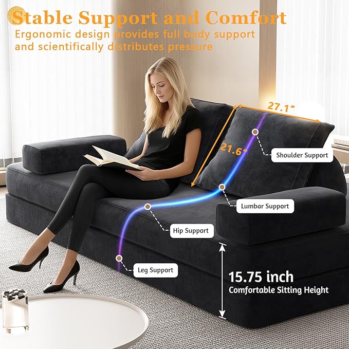 Futon Sofa Bed King Size Boneless Sleeper Sofa Oversized Chenille Foldable Couch Convertible Floor Couches Modern Folding Mattress Daybed for Gaming Living Room Apartment Dark Grey