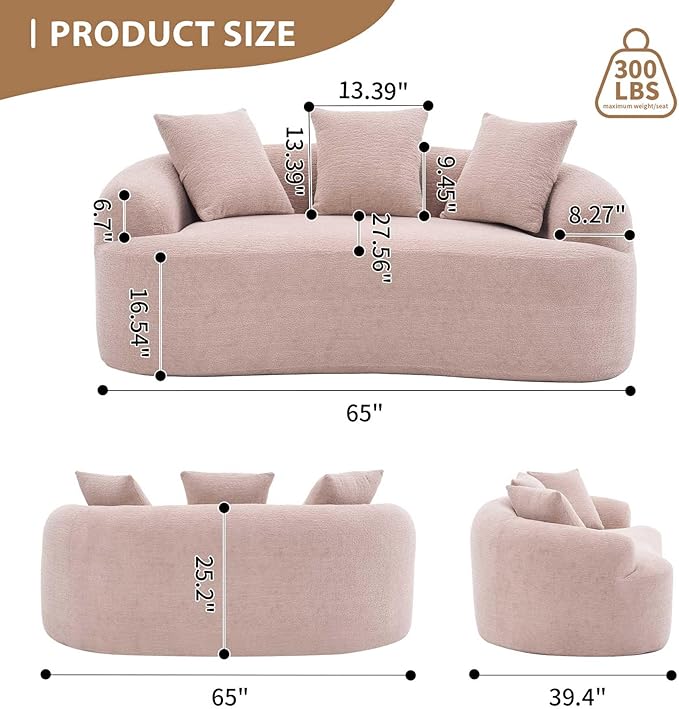 65” Warm Beige Curved Couch&amp Loveseat Sofa with 3 Pillows Compression Couch with Round Armrest Suitable for Small Space Bedroom Living Room Memory Foam Chenille No Assembly (Warm Beige)