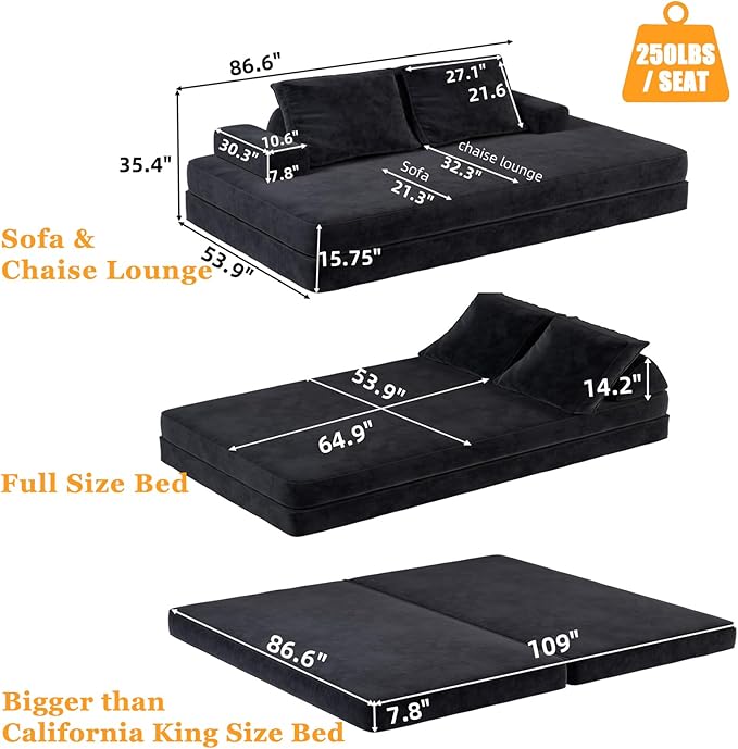 Futon Sofa Bed King Size Boneless Sleeper Sofa Oversized Chenille Foldable Couch Convertible Floor Couches Modern Folding Mattress Daybed for Gaming Living Room Apartment Dark Grey