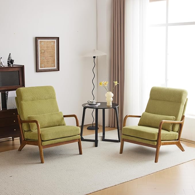 Karl home Mid-Century Modern Accent Chair Living Room Chairs with Pillow High Back Corduroy Upholstered Lounge Armchair with Solid Wood Frame &amp Soft Cushion for Bedroom Reading Room Green
