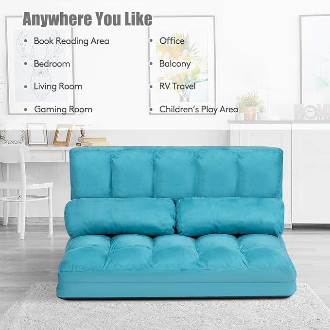 S AFSTAR Safstar Floor Folding Couch and Futon Sofa 6-Position Fabric Sleeper Sofa Bed with 2 Pillows and Sponge Filling Adjustable Lazy Sofa for Living Room and Bedroom (Blue)