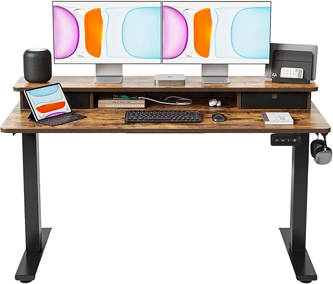 BANTI 55x24 Inch Electric Standing Desk with Double Drawers Adjustable Height Stand Up Desk Sit Stand Home Office Desk with Storage Shelf Vintage Brown Top