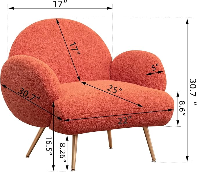 Orange Accent Sherpa Chair Comfy Boucle Chair for Reading Bedroom Living Room with Golden Metal Legs Teddy Tufted Backrest Sofa Armchair Side Chair