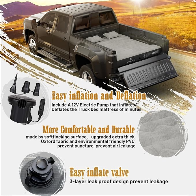 Umbrauto Air Mattress for 6-6.5 ft Full-Size Short Beds Inflatable Truck Tent Airbed with Pump Pickup Camper Air Mattress for Camping with Pillows