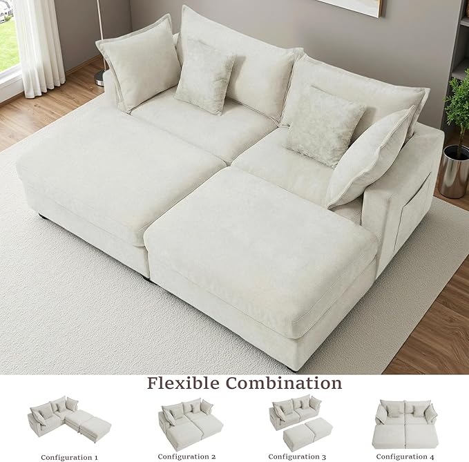 83 Down Filled Sectional Couch Loveseat Modular Sectional Sofa with 2 Storage Ottoman 2-Seat Chenille Deep Seat Sofa with Pillows for Living Room Bedroom Flexible Combination Beige