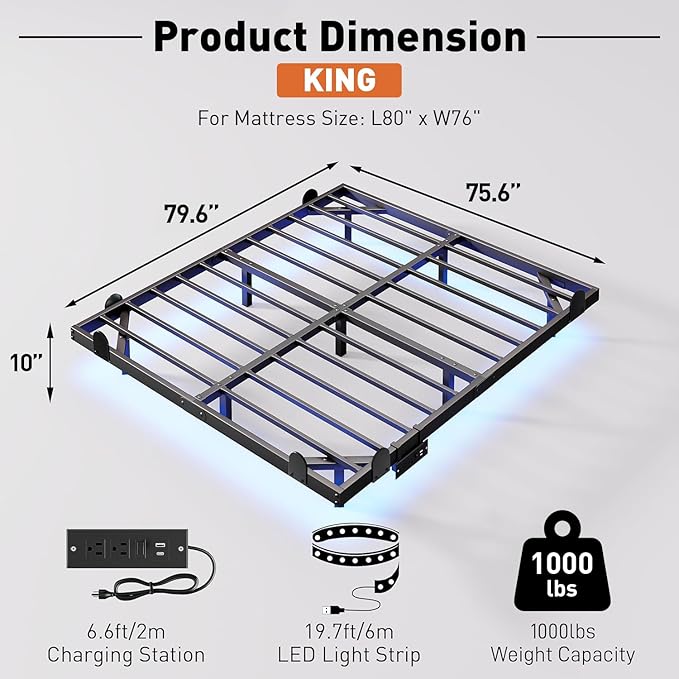 Floating Bed Frame with LED Lights and Charging Station 10 Inch King Size Floating Bed Frame King Platform Bed Frame No Box Spring Needed Easy to Assemble