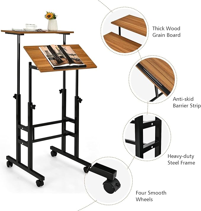 Standing Desk Height Adjustable Sit-Stand Desk with Tiltable Desk Top Rolling Laptop Stand &amp Workstation Mobile Stand up Computer Desk on Wheels for Small Spaces Home &amp Office (Coffee)