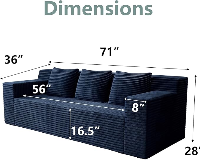 71 Cloud Loveseat SofaBoneless Deep Seat 2-Seater with 3 Pillows&ampSide PocketNo Assembly Foam Floor CouchPlush Corduroy FabricModern Living Room Sofa for Small Space Apartment(Flat HandrailBl