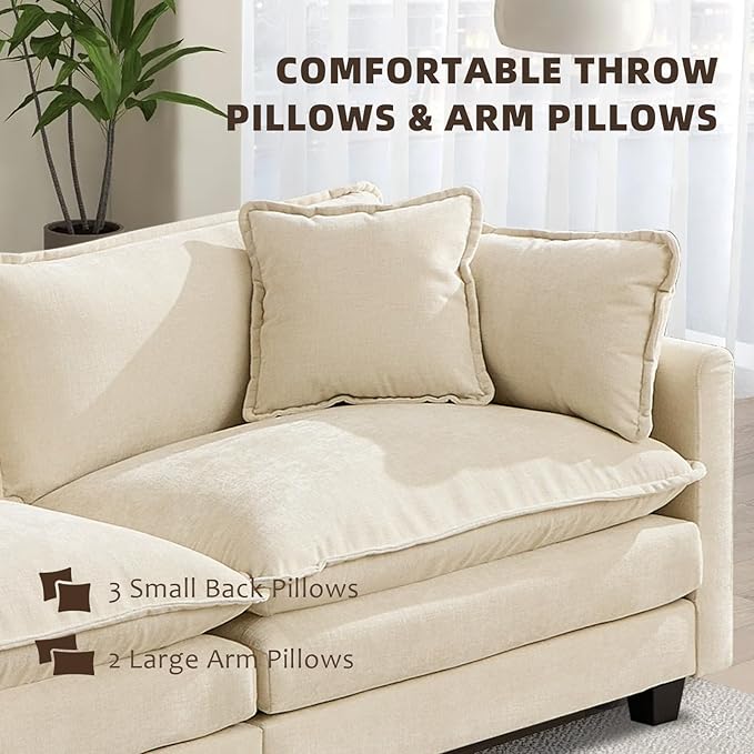 111.5” Modular Sectional Sofa Convertible Couches 3 Seater Chenille Deep Seat Cloud Couch with Pillows for Living Room Apartment Office(Beige)