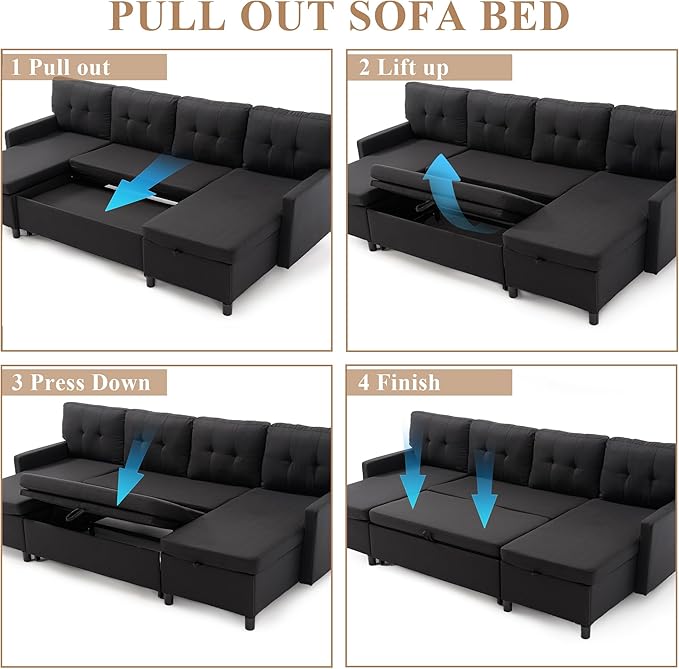 Sleeper Sofa Couch Oversized Pull Out Couch Bed with Storage Chaise Sectional Sleeper Sofa Bed for Living Room (Black Double Chaise)