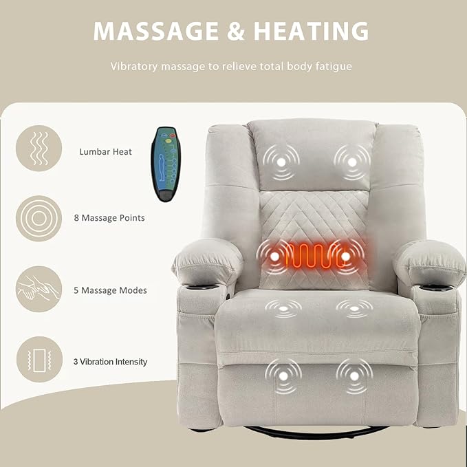 Rocker Recliner Chair with Heat and Massage Wide Seat Overstuffed Fabric Reclining Chair for Living Room Nursery Glider Rocking Chair Swivel Recliner with Cup Holder White