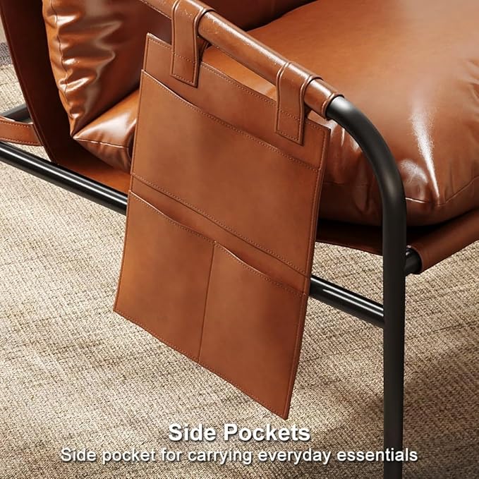 homary Brown Leather Accent Chair for Living Room Modern Armchair with Metal Frame Padded Arms Side Pockets &amp Soft Supportive Cushion Comfortable Reading Chair for Bedroom or Office