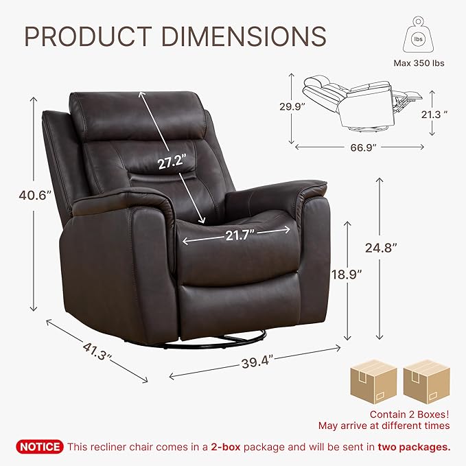 Leather Recliner Chair 360° Swivel Rocker for Adults Manual Rocking Reclining Chair with Adjustable Backrest Footrest for Living Room Bedroom Home Theater Seating