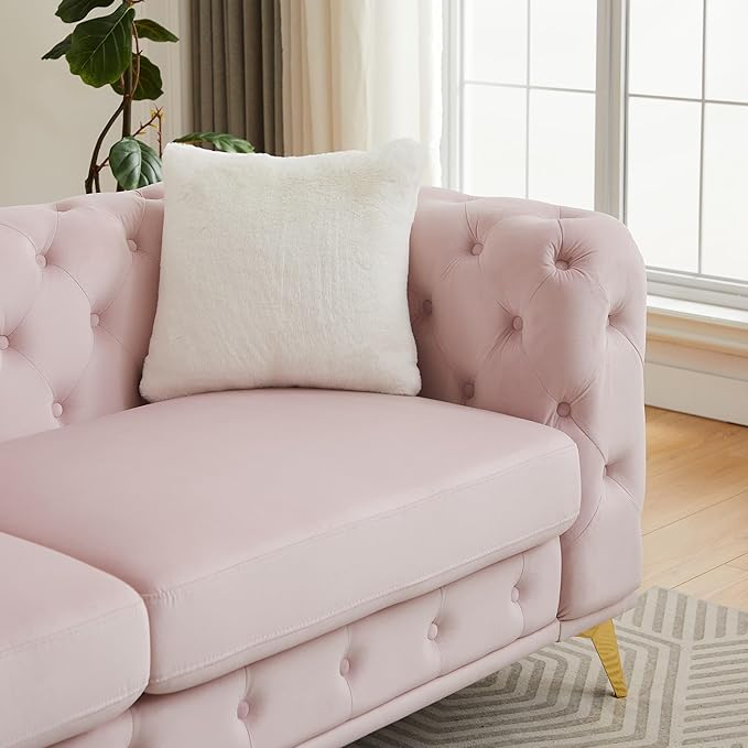 82.5'' Velvet Chesterfield Sofa Button Tufted Upholstered Sofa Couches with 2 Pillows Golden Metal Feets Removable Thick Cushions Comfy Chesterfield Couches for Living Room Apartment Pink