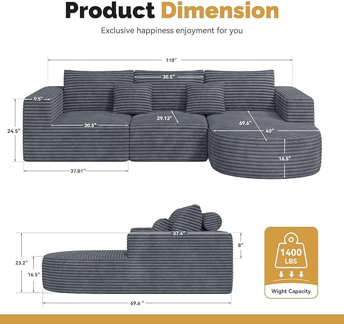110 Boneless Couches for Living RoomModular Sectional Sofa with OttomanCloud Couch in a BoxSponge Compression L-Shaped Sofas with Chaise No Assembly RequiredGray1pcs