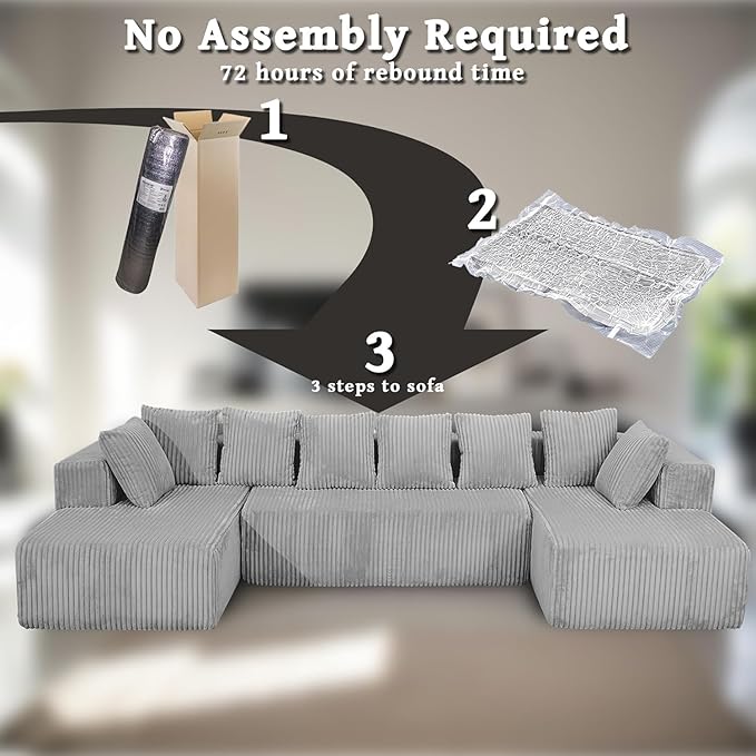 130 Modular Cloud Sectional Sofa with Chaise Deep Seat Plush Boneless Couch with Memory Foam Comfy Fluffy Couch U-Shaped Sectional Couches for Living Room No Assembly Required Grey