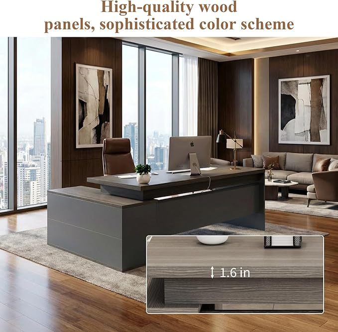 70.8 L-Shaped Executive Desk with File Drawers and Storage Cabinet Modern Large Office Desk Computer Workstation Gray Oak &amp Grey