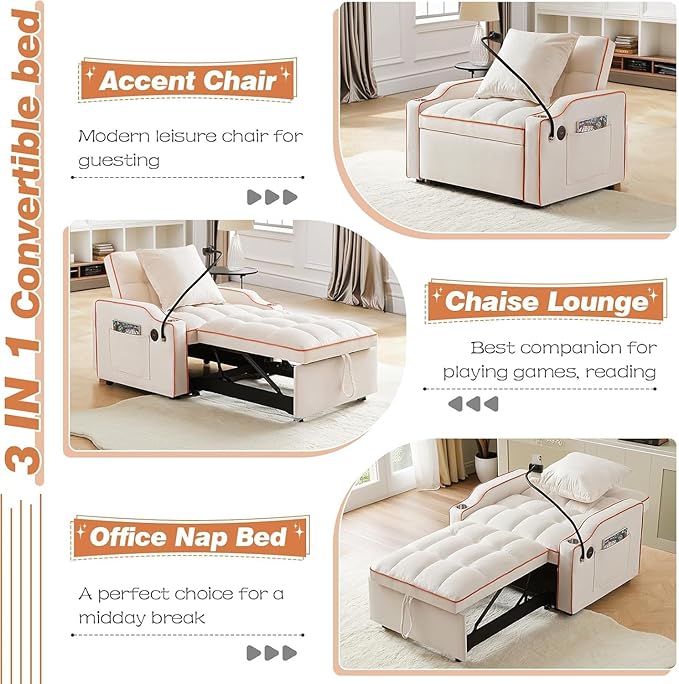 Sleeper Sofa Chair Bed 3 in 1 with Charging Ports Phone Holder &amp Cup Holders - Modern Velvet Convertible Pull Out Single Sofa Bed for Small Spaces Apartment Dorm (Beige)