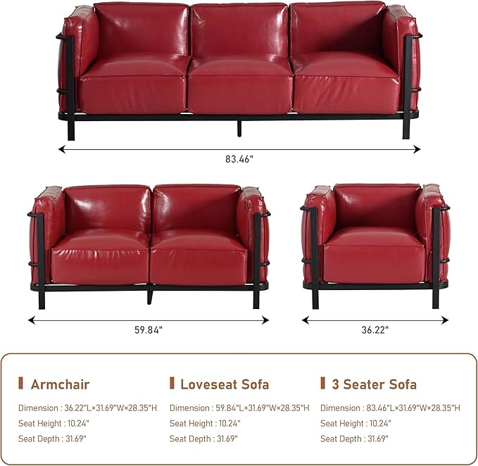 Minimalist Style 3 Seater Sofa Mid-Century Modern Faux Leather Sofa Couch with Fixed-Shape Iron Frame Upholstered Couch Chair for Living Room Office Apartment (Burgundy 3 Seater Sofa)