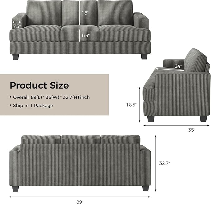 89 Inch Sofa with Extra Deep Seats Oversize 3 Seater Sofa for Living Room Modern Couch and Sofa Comfy Armrests and Seats and Backrests Easy InstallationWide Corduroy Fabric Gray