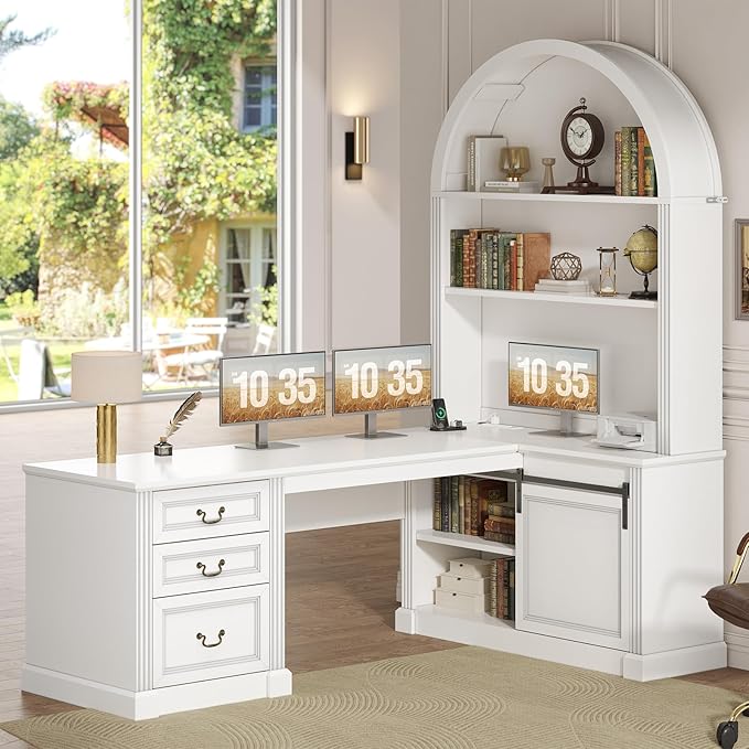 SEDETA 67 L Shaped Desk with Tall Arched Bookshelf Mid-Century Office Computer Desk with 3 Drawers and Storage Shelves Corner Executive Desk with Sliding Barn Door for Home Office White