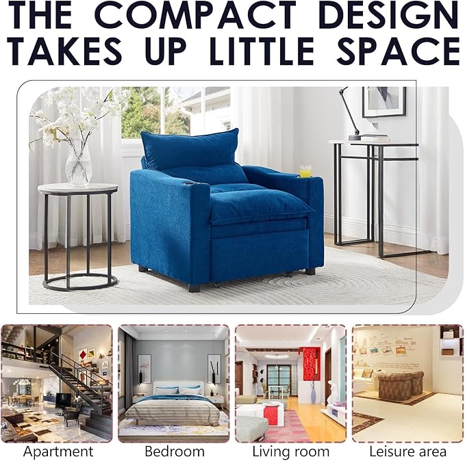 3 in1 Convertible Sleeper Sofa Chair Modern Pull Out Couch Bed Single Chair Bed with Adjustable Back Velvet Folding Compact Recliner for Living Room Bedroom Apartment Small Spaces (Blue)
