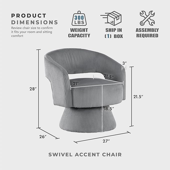 Lexicon 360 Degree Swivel Accent Chair Modern Comfy Corduroy Round Barrel Chair Open Back Plush Foam Cushions Metal Swivel Base for Living Room/Bedroom/Office Dark Gray