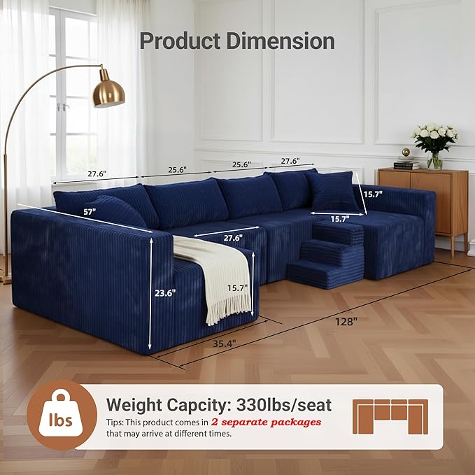 Claiks 128 Modular U Shaped Boneless Couch Deep Seat Bonless Couches for Living Room Modern Couch with Pet Stairs No Assembly Required Blue