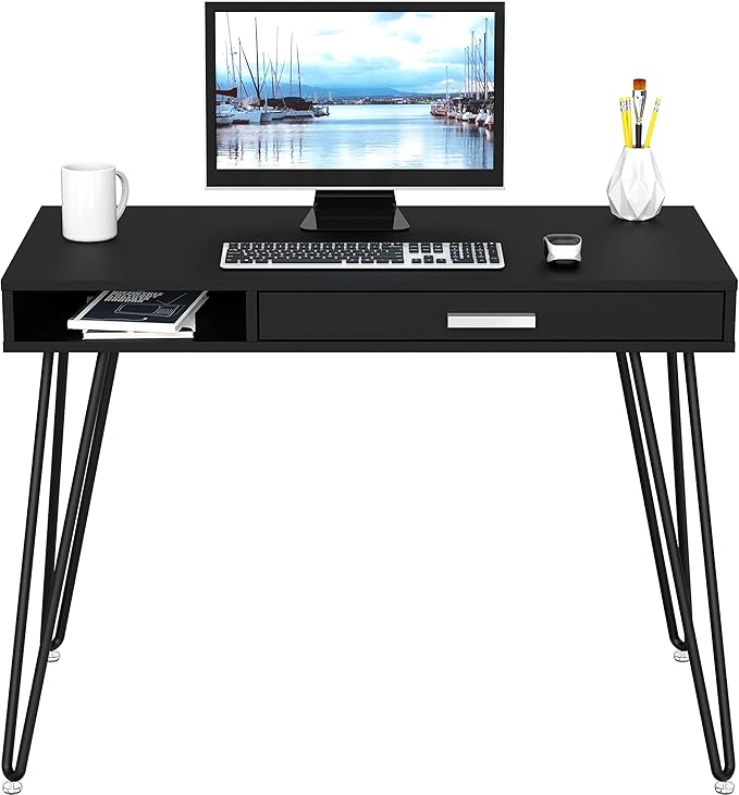 SHW Home Office Computer Hairpin Leg Desk with Drawer Black