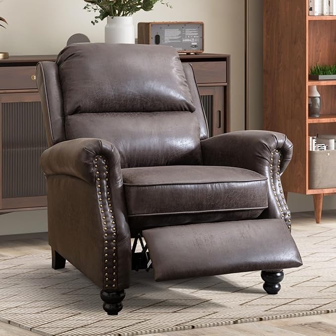 CANMOV Pushback Recliner Chair Faux Leather Armchair Push Back Recliner with Rivet Decoration Single Sofa Accent Chair for Living Room Dark Grey