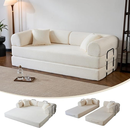 Compressed Sofa Convertible Sofa Bed Corduroy Compression Boneless Couch with Pillow Comfy Modular Foldable Floor Sleeper Sofa for Bedroom Living Room Lounge Studio (White)