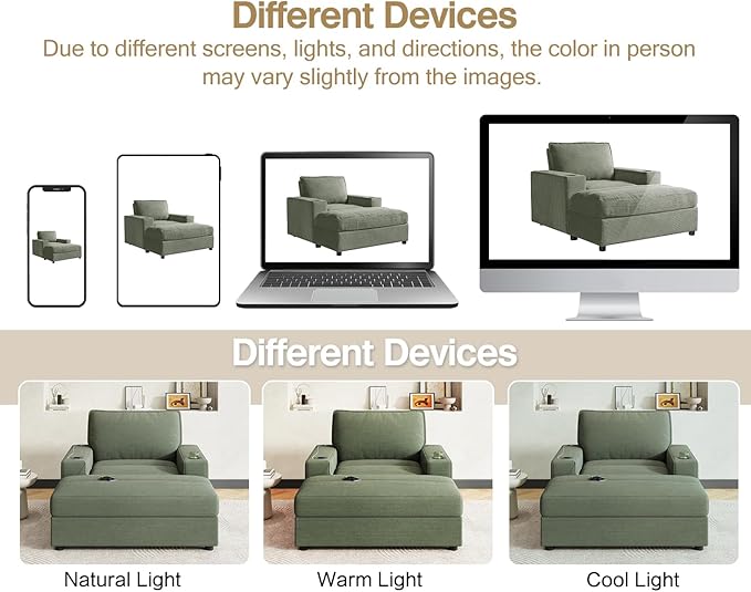 42.8 Oversized Chaise Lounge Chair with Storage Ottoman Corduroy Sofa Bed with Cup Holders &amp USB Charging Port Upholstered Sleeper Chair for Living Room Bedroom Green