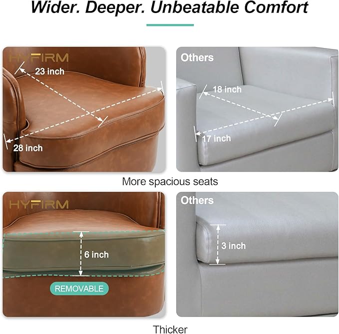 Brown Leather Barrel Swivel Chair Modern PU Accent Chair 360° Rotating with Tufted Back for Living Room Bedroom Office with Removable Cushion Mid-Century Modern Club Seating