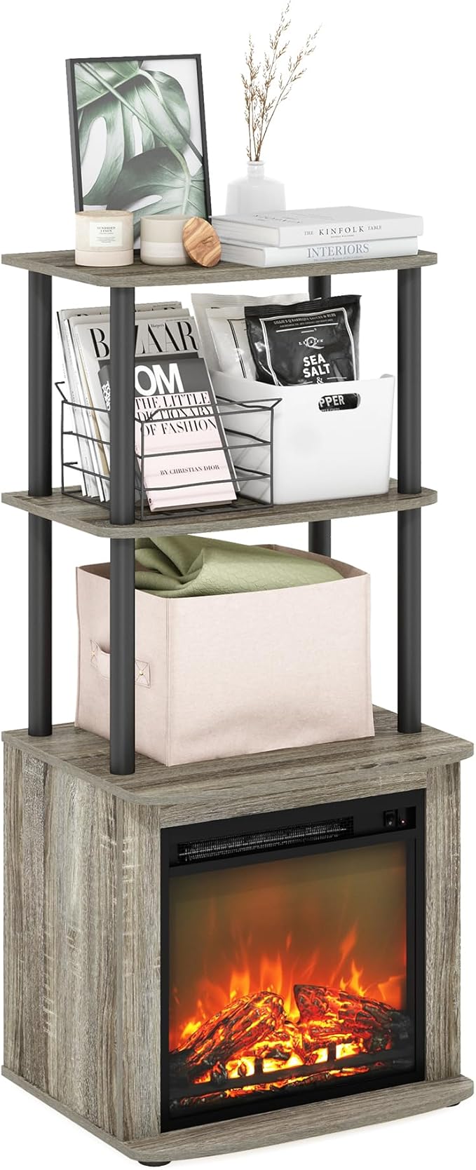 Furinno Turn-N-Tube 2-Tier Tall TV Entertainment Side Table Display Rack with Fireplace Insert French Oak Grey/Black