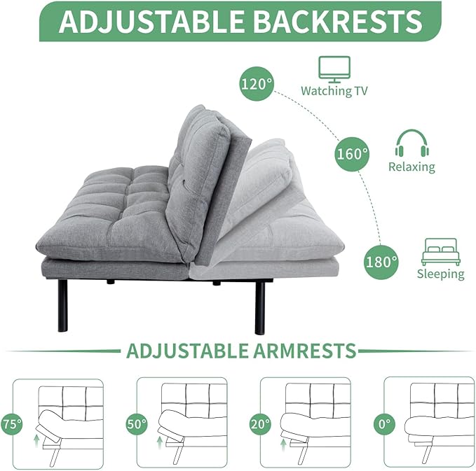 MUUEGM 71 Futon Sofa Bed Convertible Couch Bed Modern Loveseat with Adjustable Backrest&ampArmrest Sofas for Living RoomGame RoomDormitoryOffice.Light Grey Fabric