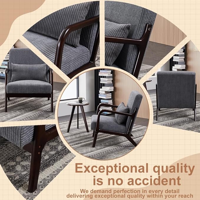Mid Century Modern Accent Chair with Side Table Upholstered Corduroy Armchair with Lumbar Pillow Solid Rubberwood Frame for Living Room Bedroom Reading Nook Dary Grey/Walnut