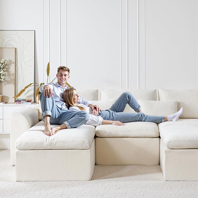 Modern Sectional Cloud Couch - 120'' Soft Modular Sectional Sofa – No Assembly Required - Deep Seat Couches with 2 Movable Ottomans - Oversized Chenille Sofa for Living Room - White