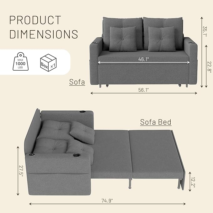 3 in 1 Sofa Bed 56 Inch Convertible Pull Out Couch Loveseat Sleeper Sofa with Cup Holders USB Sofa Couches for Living Room Bedroom Apartment Light Grey