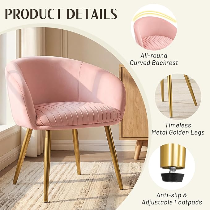 Accent Armchair No Wheels Girls Desk Chair Comfy for Makeup Vanity 20 Extra Wide Cushion Tufted Upholstered Modern Dining Chairs with Gold Metal Legs Bedroom Living Room Home Office Pink
