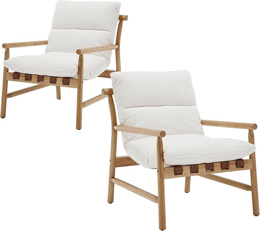 White Sherpa Accent Chair Set of 2 Mid Century Modern Living Room Chairs Comfy Boucle Arm Chairs w/Solid Wood Frame Upholstered Lounge Side Chair for Bedroom/Guest Room/Balcony/Sofa