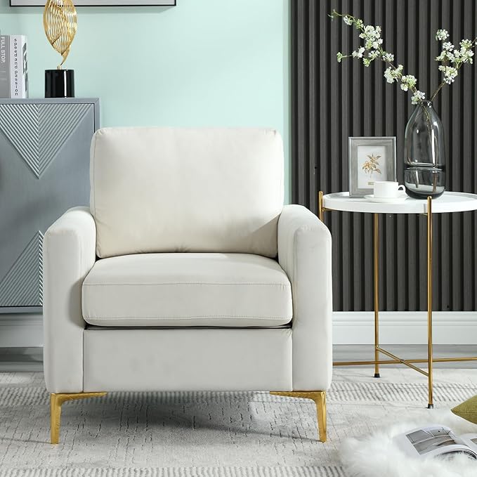 Tufted Velvet Accent Chair with Gold Legs Mid-Century Modern Single Sofa Chair Comfy Upholstered Soft Arm Chair Living Room Furniture Reading Bedroom Club Waiting Room (Beige)