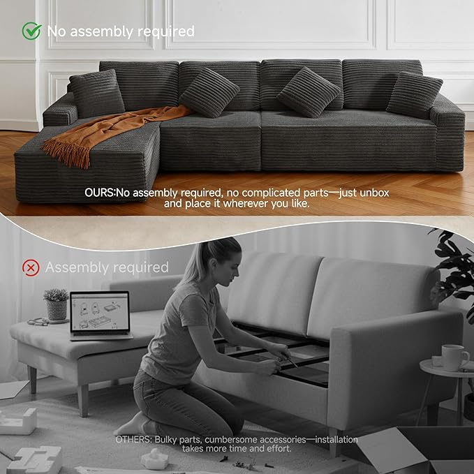 142 Cloud Modular Boneless Couch L-Shaped Left Facing Chaise Sectional Sofa Deep Seat Plush Corduroy Upholstery - Memory Foam Comfy Fluffy Couches for Living Room Bedroom No Assembly Required