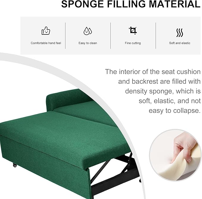 66 Black Sofa Sleeper Loveseat Sofa Bed Queen Size Pull Out Couch with 2 Pillows Pocket &amp Adjustable Backrest Small Couch Bed for Small Spaces Bedroom Apartment Living Room (Green 67) | C