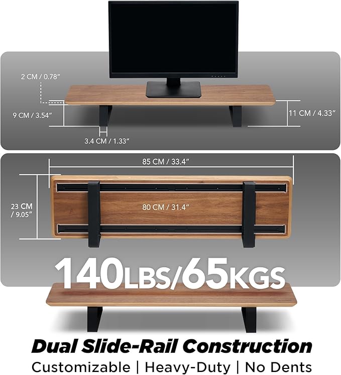 Moodular Wooden Monitor Stand 33.4” (85cm) Desk Organizer with Metal Slide Rails for Drawer Tray Laptop Tablet Phone &amp Headphones Customizable Riser for Organized Workspace Walnut MS85-W