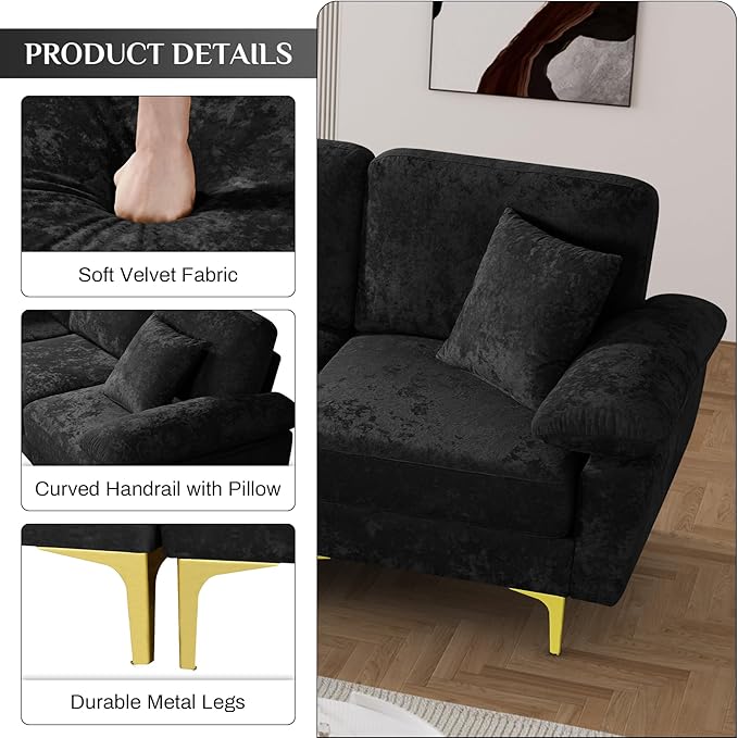 L Shaped Sectional Sofa Couch 91 Comfy Velvet Upholstered 3 Seat Sofa Set with Convertible Ottoman &amp 2 Pillows Modern Deep Seat Cloud Couch for Living Room Apartment Black